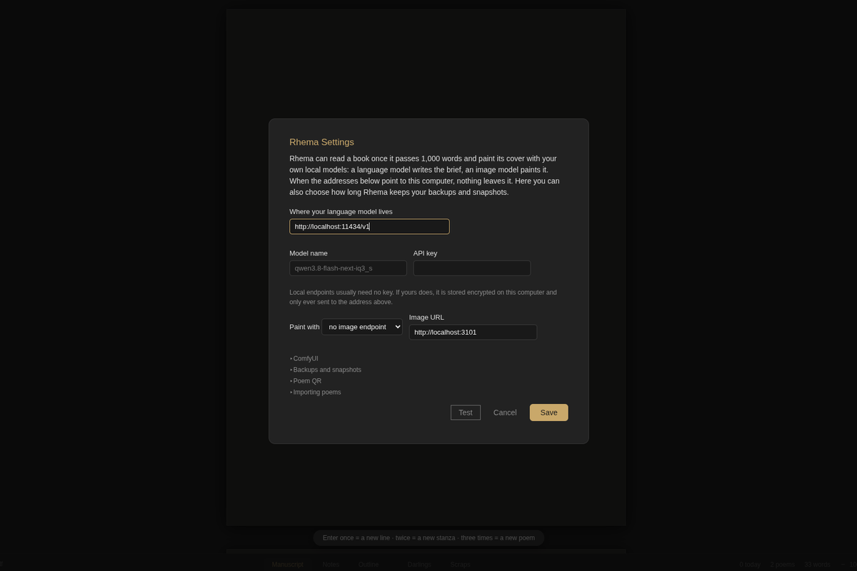 The Rhema Settings pane: language model address, model name, API key, paint-with choice