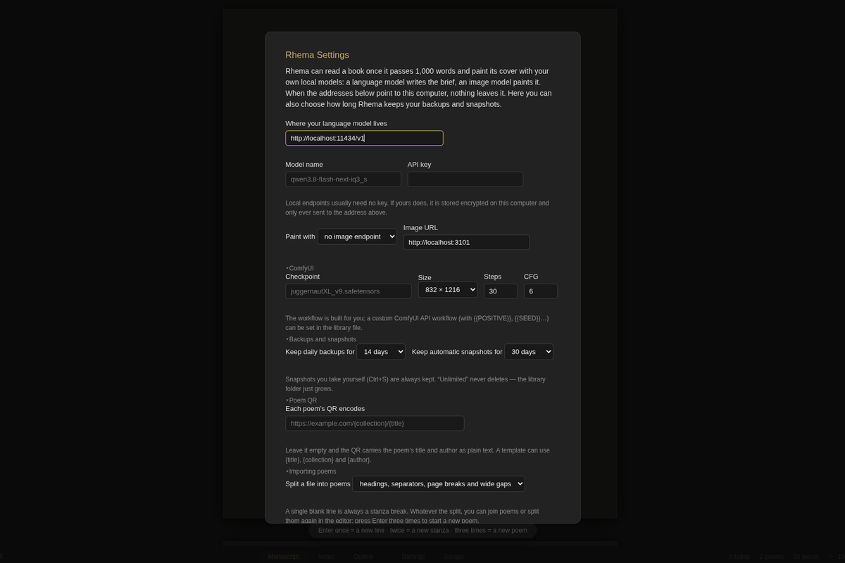 The Backups and snapshots section of the Rhema Settings pane
