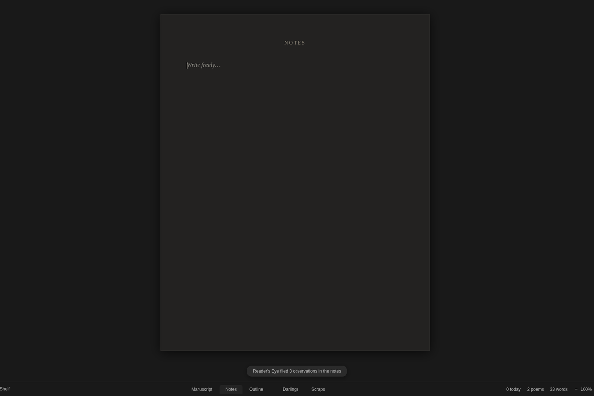 The poem's Notes page with the Reader's Eye observations filed under the title