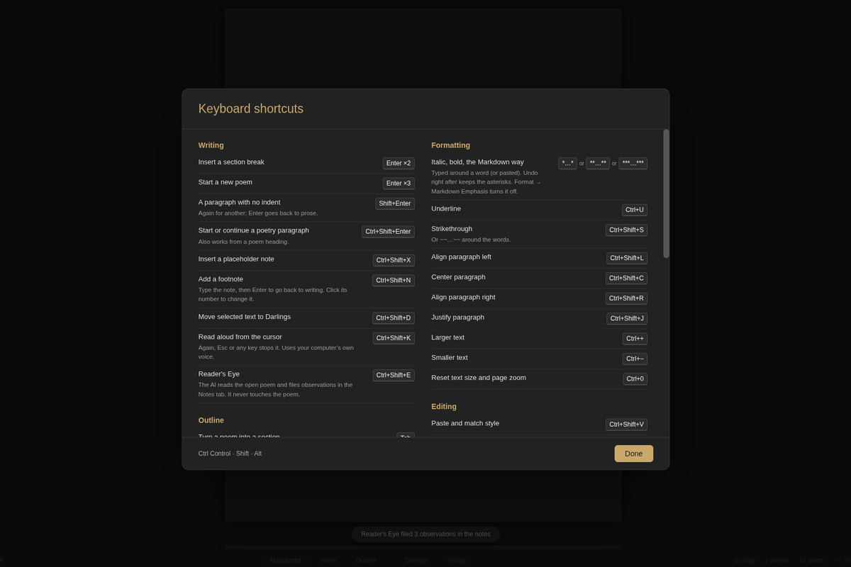 The keyboard shortcuts reference dialog